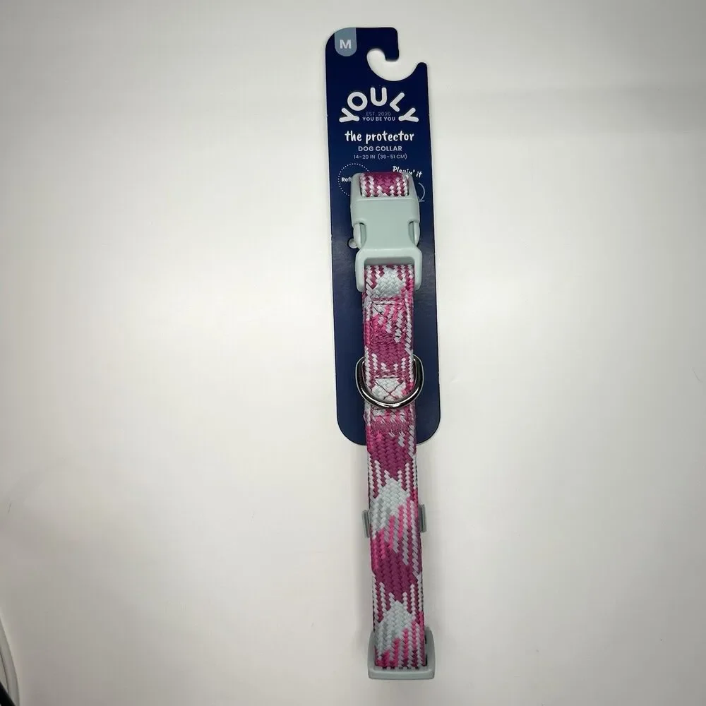YOULY The Protector Dog Collar Reflective Pink & Gray, M Medium Pet 14”-20”